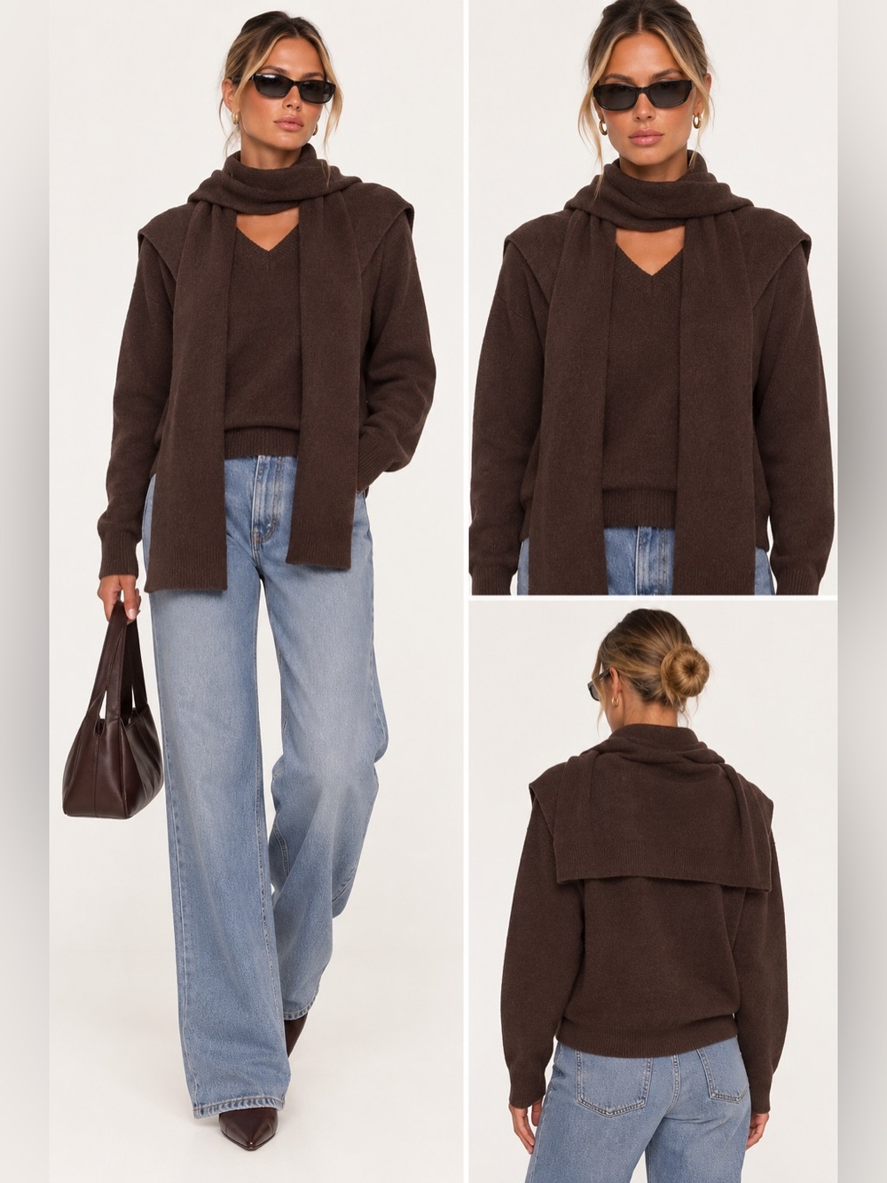 Brown V-Neck Knit Jacket & Scarf Set - Women